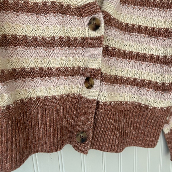 Celebrity Pink Medium Tan Striped Knit Button Up Cardigan Sweater - Picture 3 of 5